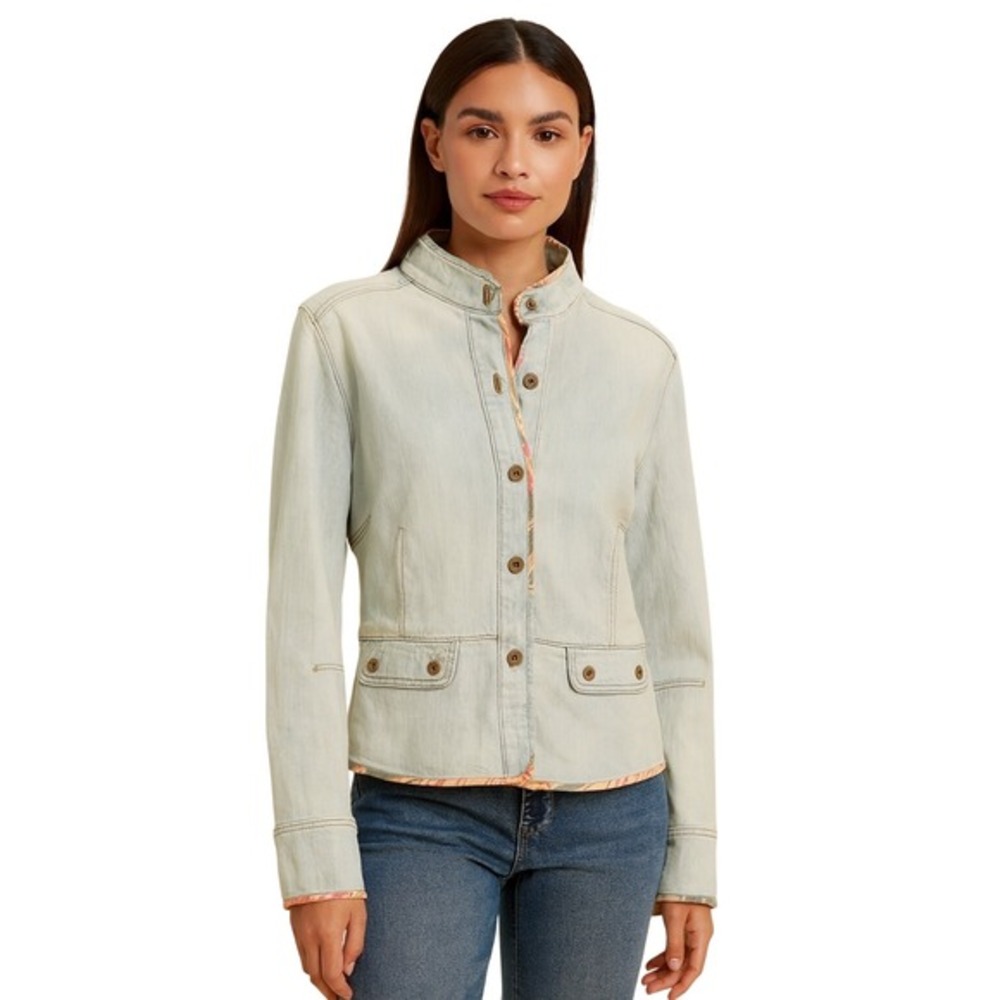 Gap Stretch Light Wash Denim Jacket Stand Collar Floral Trim Blue L Preppy 84-22
